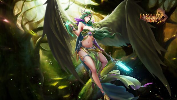 A mystical angel with a glowing staff stands in a magical forest scene from League Of Angels wallpapers, HD Desktop Wallpaper