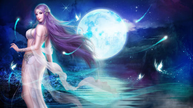 A mystical female figure with long purple hair stands by a glowing moonlit lake in League Of Angels wallpapers, HD Desktop Wallpaper