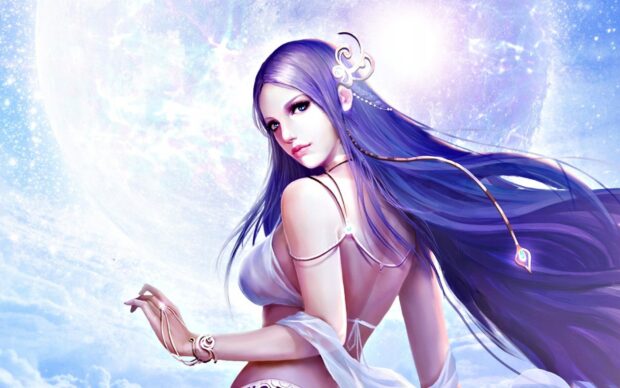 A mystical female warrior with flowing purple hair stands against a glowing moon in League Of Angels Wallpapers, HD Desktop Wallpaper