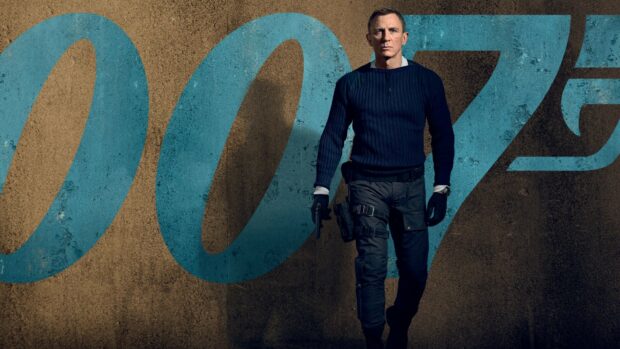 A man holding a gun walks confidently in front of large 007 numbers, HD Desktop Wallpaper