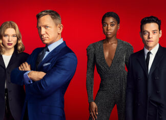Professional TV characters in business suits against red background.