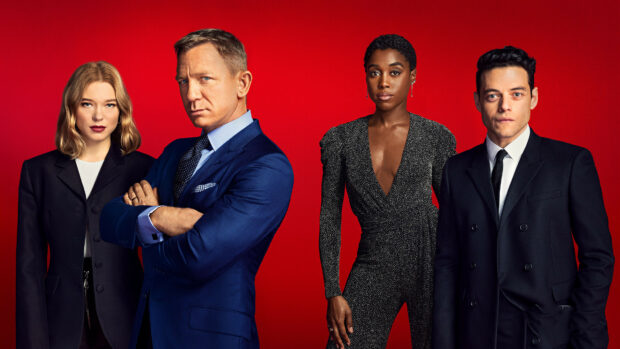 The main cast from No Time To Die poses against a red background, HD Desktop Wallpaper