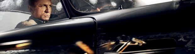 A man is driving a classic car with bullet holes visible on the window in a No Time To Die scene, 4K Desktop Wallpaper