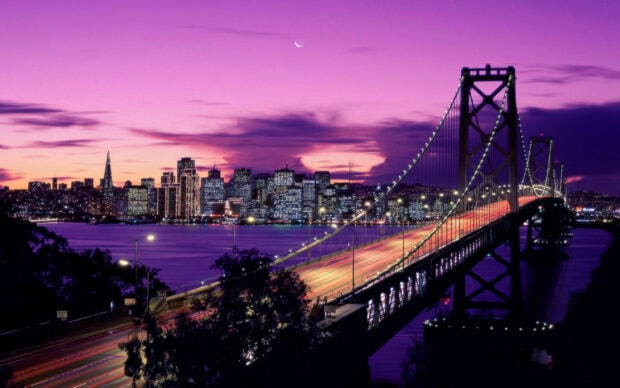 Oakland Wallpaper show the city skyline with a bridge during sunset and purple sky