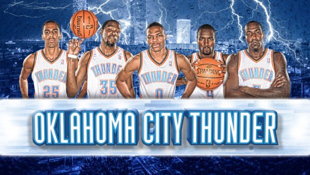 Five Oklahoma City Thunder players posing with basketballs against a cityscape with lightning and rain background