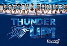 Oklahoma City Thunder team lineup with playoff Thunder Up text on a stormy blue background