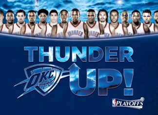 Oklahoma City Thunder team lineup with playoff Thunder Up text on a stormy blue background
