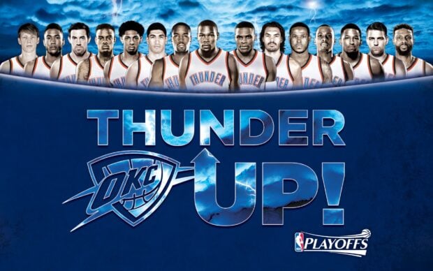 Oklahoma City Thunder team lineup with playoff Thunder Up text on a stormy blue background