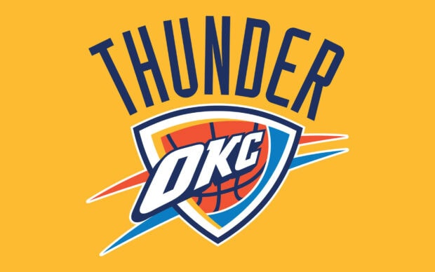The Oklahoma City Thunder logo with a basketball and dynamic colors on a yellow background