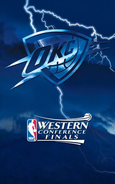 The Oklahoma City Thunder logo with lightning in the background during the Western Conference Finals