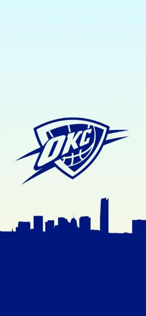 The Oklahoma City Thunder logo above the city skyline of Oklahoma City at dusk