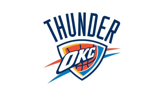 The Oklahoma City Thunder logo with basketball and lightning design on white background