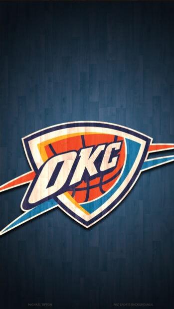 The Oklahoma City Thunder logo on a blue wooden floor background