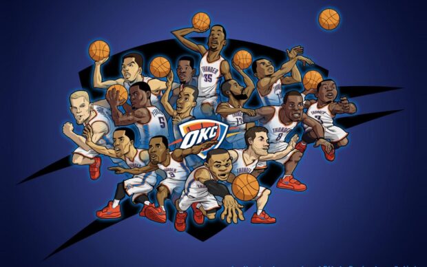 Cartoon illustration of Oklahoma City Thunder basketball team playing on court