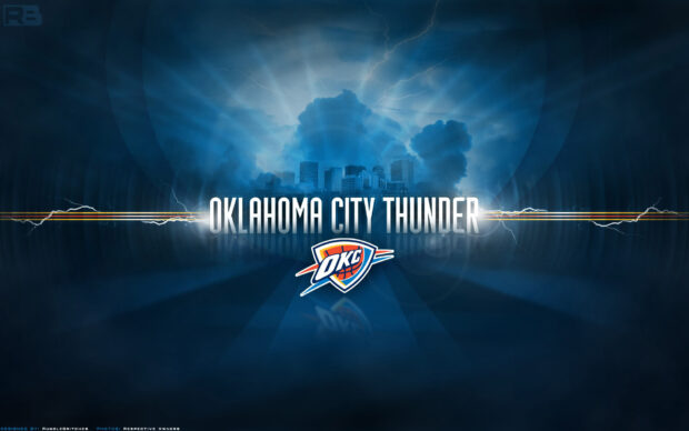 The Oklahoma City Thunder logo with a city skyline and lightning clouds in the background
