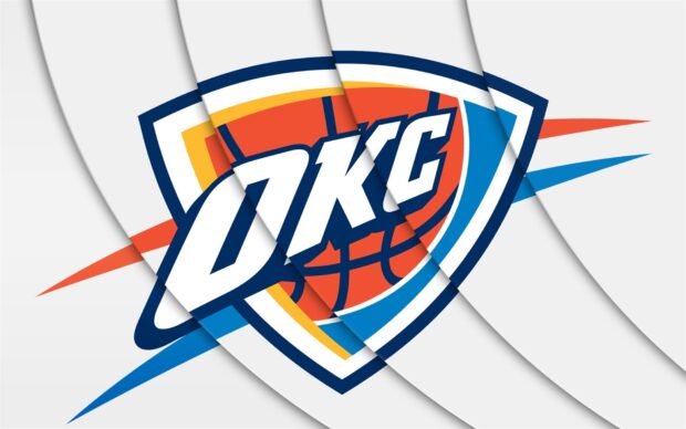 The Oklahoma City Thunder logo with blue orange and white colors on a modern abstract background