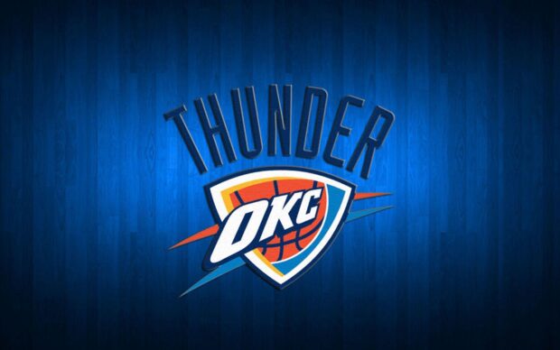 The Oklahoma City Thunder logo on a blue wooden basketball court background