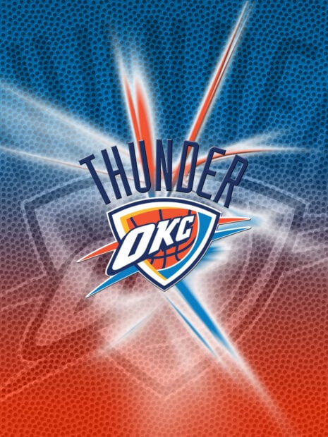 The Oklahoma City Thunder logo with dynamic blue and orange effects on a textured background