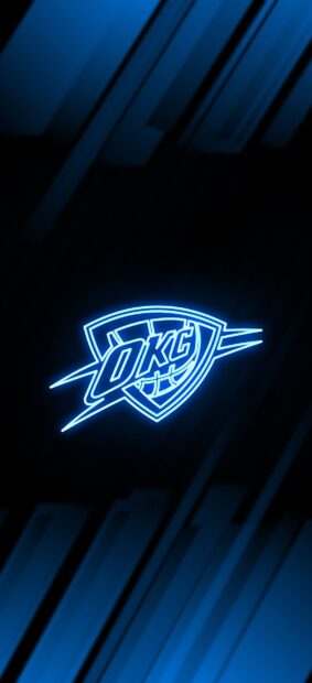 Neon blue Oklahoma City Thunder logo on a dark background with geometric shapes