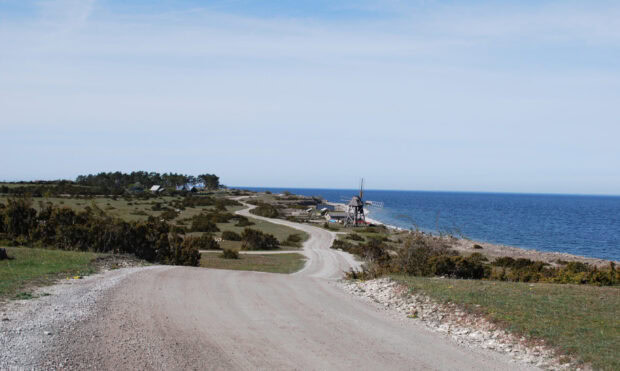 A winding road along the coastline with a windmill in Oland Sweden