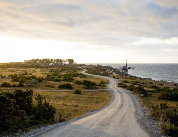 A winding road leading to a windmill by the sea in Oland Sweden