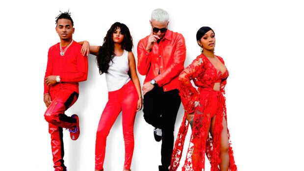 Ozuna stands with three others all wearing red clothing against a white background, 2K Desktop Wallpaper