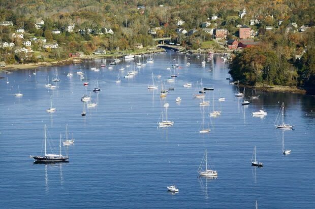 A peaceful harbor in Maine with numerous sailboats and waterfront homes, HD Desktop Wallpaper