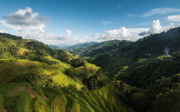 Green terraced hills in Philippines with bright sunlight and blue sky