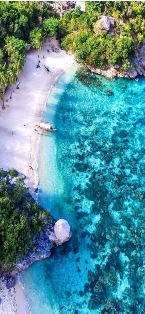 Aerial view of crystal clear water and lush greenery in Philippines coast