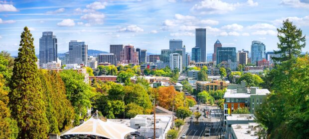 Portland city skyline with lush green trees and modern buildings under a blue sky