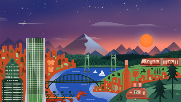 Artistic Portland skyline with bridges river and mountains during sunset