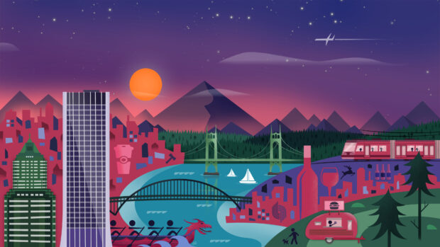 Portland skyline with bridges river and cityscape under a purple night sky with mountains and a setting sun