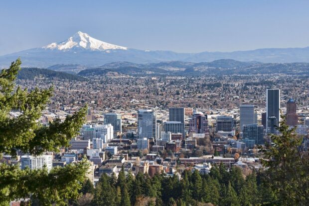Portland skyline with Mount Hood in the background and green trees in the foreground