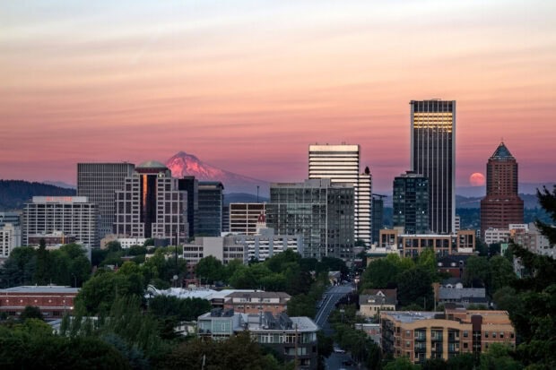 Portland skyline with Mount Hood in the background at sunset