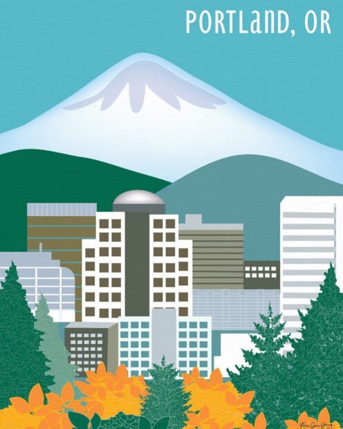 The Portland skyline with buildings and greenery under Mount Hood in the background