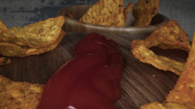 Golden potato chips with ketchup on a wooden surface and a bowl in the background