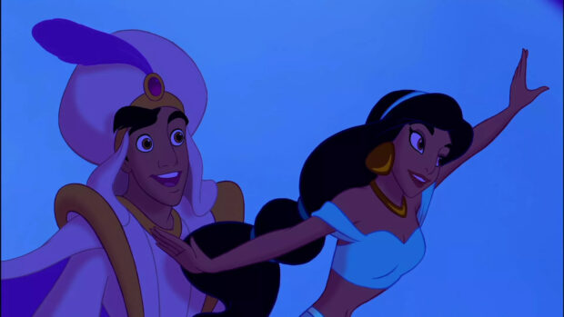 Princess Jasmine and Aladdin fly on a magic carpet under the night sky, HD Desktop Wallpaper