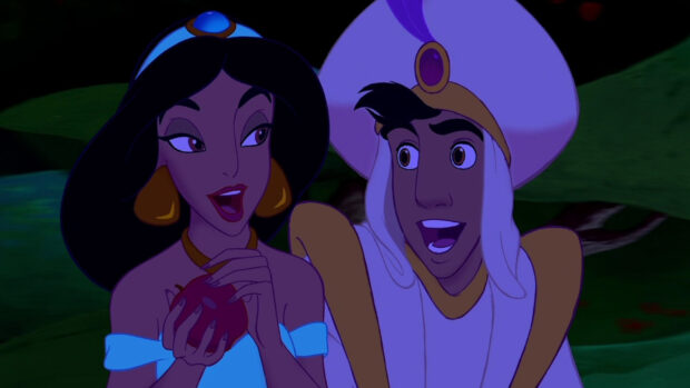 Princess Jasmine smiles holding a fruit while Aladdin looks surprised, HD Desktop Wallpaper