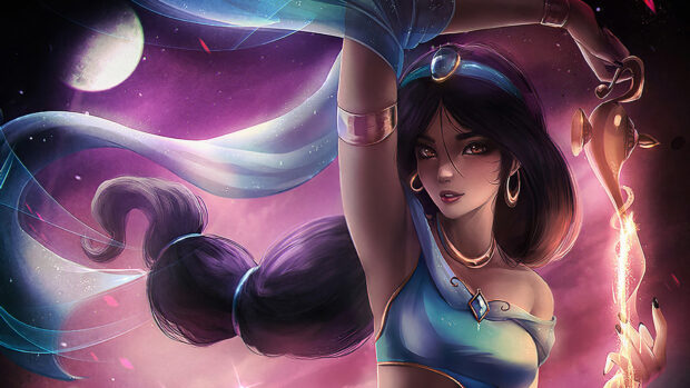 Princess Jasmine casting a magical spell with her lamp under the moonlight, HD Desktop Wallpaper