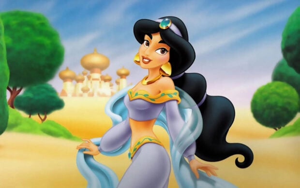 Princess Jasmine character stands with flowing veil and golden jewelry in Arabian palace, HD Desktop Wallpaper