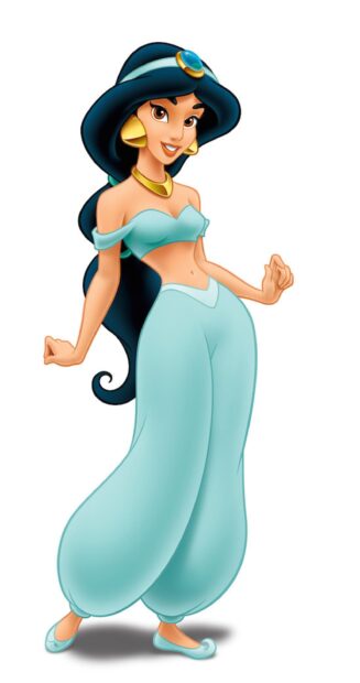 Princess Jasmine wallpapers shows her in a blue outfit with gold jewelry and a confident pose, 2K Mobile Wallpaper