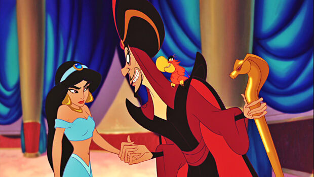 Princess Jasmine stands firm against Jafar while Iago watches, 4K Desktop Wallpaper