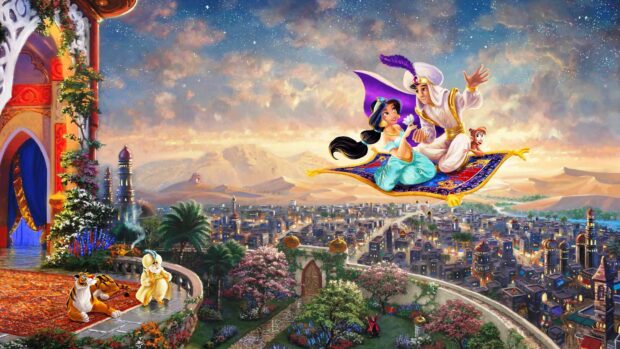 Princess Jasmine flying on a magic carpet with Aladdin over the city at sunset, 4K Desktop Wallpaper