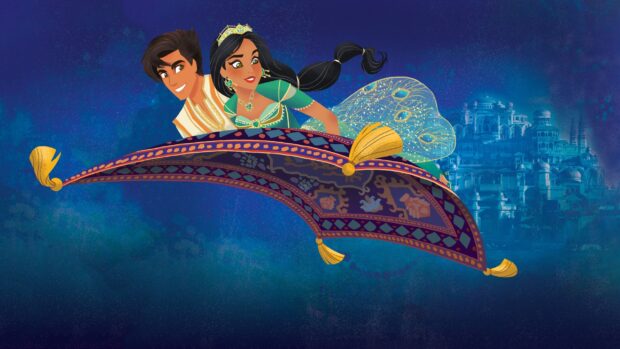 Princess Jasmine and a young man soaring on a magic carpet over a mystical city, 2K Desktop Wallpaper