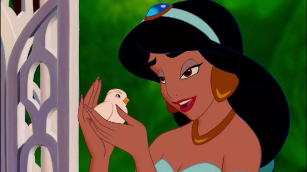 Princess Jasmine holding a white bird gently with a green background in the scene, HD Desktop Wallpaper