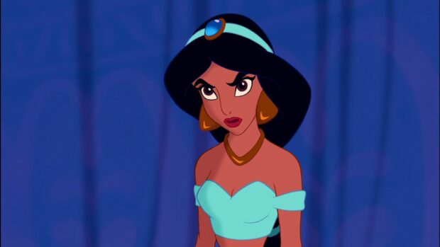 Princess Jasmine in a serious expression with a blue outfit and gold accessories, HD Desktop Wallpaper