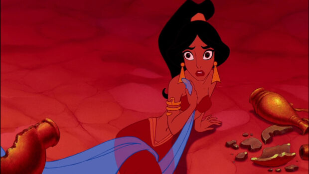 Princess Jasmine is shown with a worried expression holding blue fabric on a red cracked ground, HD Desktop Wallpaper