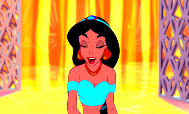 Princess Jasmine is smiling brightly while standing in a vibrant yellow and orange setting, 2K Desktop Wallpaper
