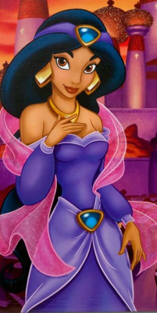 Princess Jasmine wears a purple gown with gold earrings and a jeweled headpiece in a royal setting, HD Mobile Wallpaper