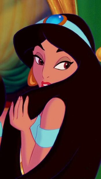 Princess Jasmine is holding her long black hair while looking sideways with a thoughtful expression, HD Wallpaper